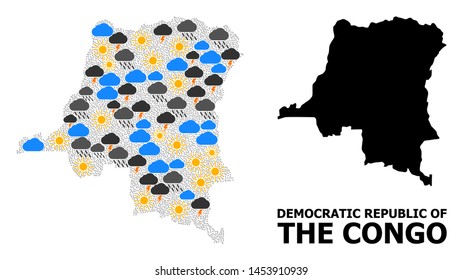 Weather collage vector map of Democratic Republic of the Congo. Geographic collage map of Democratic Republic of the Congo is designed with randomized rain, cloud, sun, thunderstorm elements.