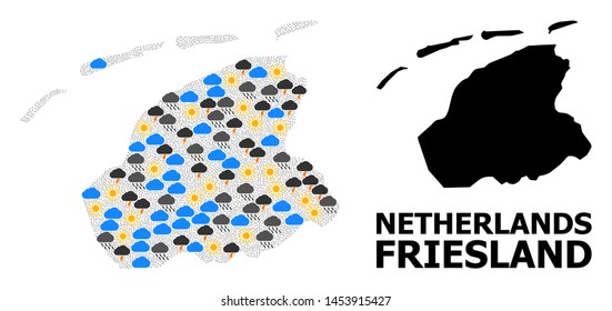 Weather collage vector map of Friesland Province. Geographic collage map of Friesland Province is designed from randomized rain, cloud, sun, thunderstorm symbols.