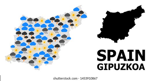 Weather collage vector map of Gipuzkoa Province. Geographic mosaic map of Gipuzkoa Province is done with random rain, cloud, sun, thunderstorm symbols. Vector flat illustration for weather forecst.