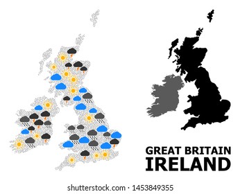 Weather collage vector map of Great Britain and Ireland. Geographic mosaic map of Great Britain and Ireland is constructed with randomized rain, cloud, sun, thunderstorm elements.