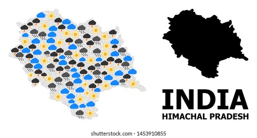 Weather collage vector map of Himachal Pradesh State. Geographic collage map of Himachal Pradesh State is organized with randomized rain, cloud, sun, thunderstorm elements.