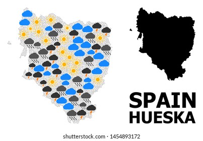 Weather collage vector map of Hueska Province. Geographic collage map of Hueska Province is designed with scattered rain, cloud, sun, thunderstorm icons. Vector flat illustration for weather forecst.