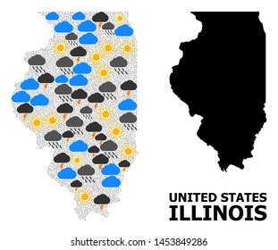 Weather collage vector map of Illinois State. Geographic composition map of Illinois State is designed from scattered rain, cloud, sun, thunderstorm. Vector flat illustration for weather predictions.