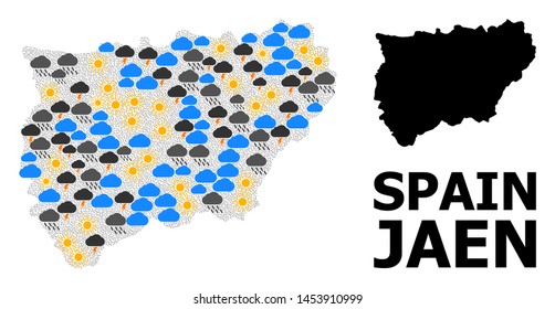 Weather collage vector map of Jaen Spanish Province. Geographic collage map of Jaen Spanish Province is constructed with random rain, cloud, sun, thunderstorm symbols.
