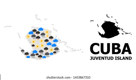 Weather collage vector map of Juventud Island. Geographic composition map of Juventud Island is composed with randomized rain, cloud, sun, thunderstorm icons.