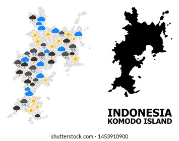 Weather collage vector map of Komodo Island. Geographic collage map of Komodo Island is constructed with scattered rain, cloud, sun, thunderstorm icons. Vector flat illustration for weather news.