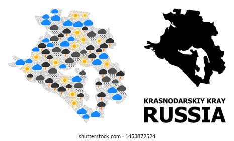 Weather collage vector map of Krasnodarskiy Kray. Geographic collage map of Krasnodarskiy Kray is composed from random rain, cloud, sun, thunderstorm elements.