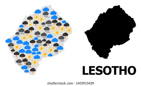 Weather collage vector map of Lesotho. Geographic collage map of Lesotho is created with random rain, cloud, sun, thunderstorm icons. Vector flat illustration for weather news.