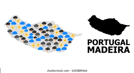 Weather collage vector map of Madeira Island. Geographic collage map of Madeira Island is organized from random rain, cloud, sun, thunderstorm icons. Vector flat illustration for weather predictions.