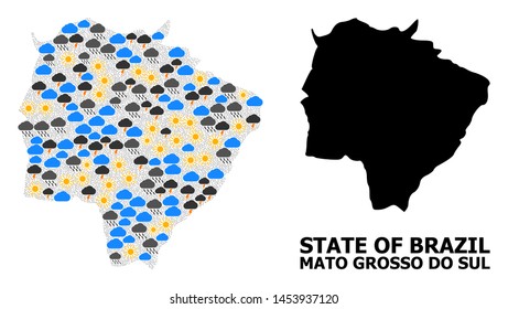 Weather collage vector map of Mato Grosso do Sul State. Geographic collage map of Mato Grosso do Sul State is created with randomized rain, cloud, sun, thunderstorm elements.