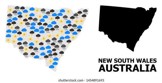 Weather collage vector map of New South Wales. Geographic mosaic map of New South Wales is combined from random rain, cloud, sun, thunderstorm icons. Vector flat illustration for weather forecst.