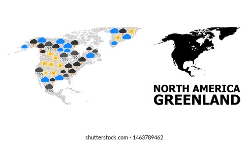 Weather collage vector map of North America and Greenland. Geographic collage map of North America and Greenland is organized with randomized rain, cloud, sun, thunderstorm icons.