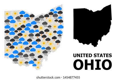 Weather collage vector map of Ohio State. Geographic collage map of Ohio State is designed from scattered rain, cloud, sun, thunderstorm icons. Vector flat illustration for weather forecst.