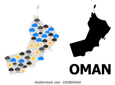 Weather collage vector map of Oman. Geographic concept map of Oman is constructed with scattered rain, cloud, sun, thunderstorm items. Vector flat illustration for weather news.