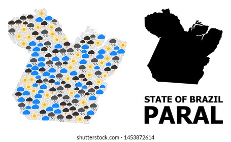 Weather collage vector map of Paral State. Geographic collage map of Paral State is done from randomized rain, cloud, sun, thunderstorm elements. Vector flat illustration for weather forecst.