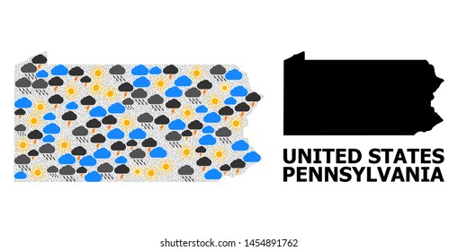 Weather collage vector map of Pennsylvania State. Geographic collage map of Pennsylvania State is created with random rain, cloud, sun, thunderstorm elements.