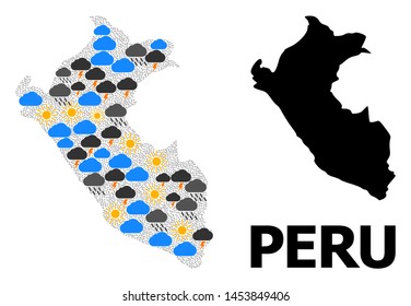 Weather collage vector map of Peru. Geographic collage map of Peru is composed from scattered rain, cloud, sun, thunderstorm symbols. Vector flat illustration for weather forecst.
