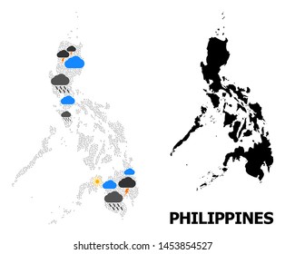 Weather collage vector map of Philippines. Geographic concept map of Philippines is created with random rain, cloud, sun, thunderstorm icons. Vector flat illustration for weather forecst.