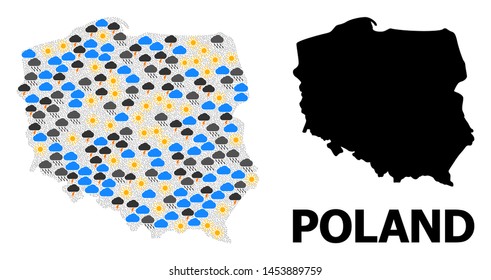 Weather collage vector map of Poland. Geographic collage map of Poland is done from scattered rain, cloud, sun, thunderstorm symbols. Vector flat illustration for weather news.