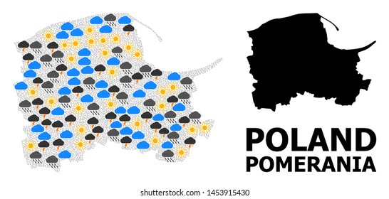 Weather collage vector map of Pomerania Province. Geographic collage map of Pomerania Province is composed from scattered rain, cloud, sun, thunderstorm elements.