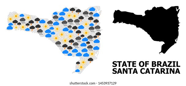 Weather collage vector map of Santa Catarina State. Geographic collage map of Santa Catarina State is composed from random rain, cloud, sun, thunderstorm symbols.