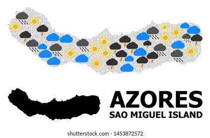Weather collage vector map of Sao Miguel Island. Geographic collage map of Sao Miguel Island is designed from random rain, cloud, sun, thunderstorm items.