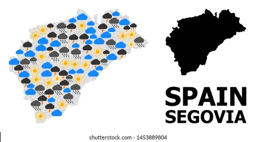 Weather collage vector map of Segovia Province. Geographic mosaic map of Segovia Province is designed with random rain, cloud, sun, thunderstorm items.