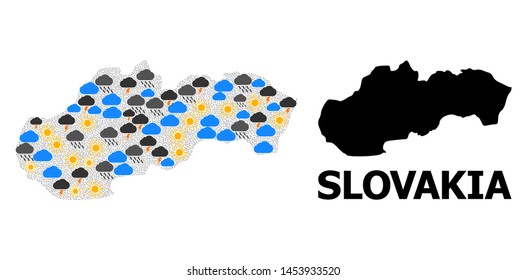 Weather collage vector map of Slovakia. Geographic collage map of Slovakia is designed with randomized rain, cloud, sun, thunderstorm items. Vector flat illustration for weather news.