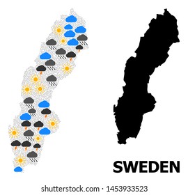 Weather collage vector map of Sweden. Geographic collage map of Sweden is constructed with scattered rain, cloud, sun, thunderstorm elements. Vector flat illustration for weather news.