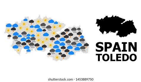 Weather collage vector map of Toledo Province. Geographic mosaic map of Toledo Province is organized with random rain, cloud, sun, thunderstorm. Vector flat illustration for weather predictions.