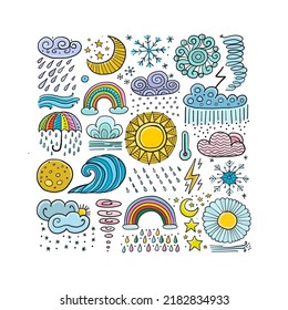 Weather collection, meteorology symbols. Art background for your design. Childish style.