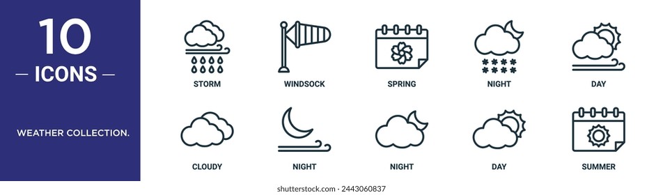 weather collection. outline icon set includes thin line storm, windsock, spring, night, day, cloudy, night icons for report, presentation, diagram, web design
