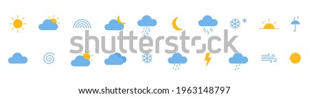 Weather color icons set. Collection of modern flat symbols of weather. Outline meteorology shapes on long banner. Sun, rain, moon, cloud, cold, snow, wind, fog templates. Vector illustration.