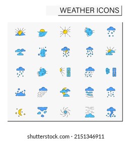 Weather color icons set. Different natural phenomenal. Meteorology concept. Isolated vector illustrations. Editable stroke