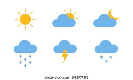 Weather color icons set. Meteorology shapes. Collection of modern flat symbols. Climate forecast. Meteo pictogram for mobile app, web. Sun, moon, cloud, lightning templates. Vector illustration.