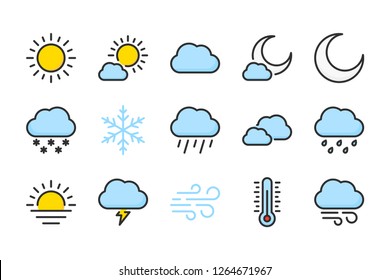 Weather color line icons. Forecast vector linear colorful icon set. Isolated icon collection on white background.