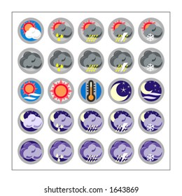 Weather Colored Icon Set. 25 different colored icons in a circle shaped buttons for weather.