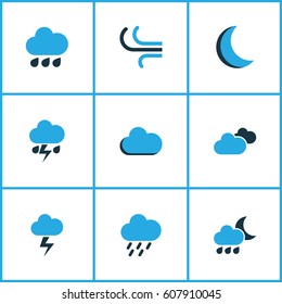 Weather Colored Icons Set. Collection Of Night, Rainstorm, Lightning And Other Elements. Also Includes Symbols Such As Cloud, Overcast, Moon.