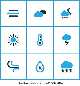 Weather Colored Icons Set. Collection Of Thermometer, Blizzard, Breeze And Other Elements. Also Includes Symbols Such As Sunny, Bolt, Temperature.