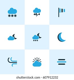Weather Colored Icons Set. Collection Of Night, Blizzard, Wind Speed And Other Elements. Also Includes Symbols Such As Moonlight, Cloudy, Wind.