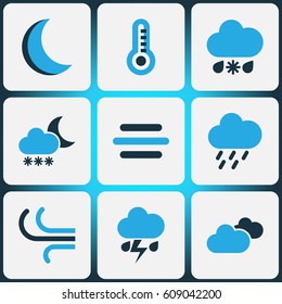 Weather Colored Icons Set. Collection Of Blizzard, Thunderstorm, Thermometer And Other Elements. Also Includes Symbols Such As Breeze, Rainstorm, Storm.