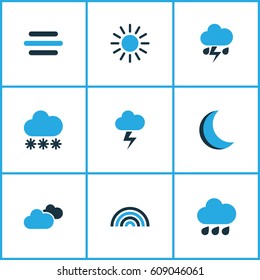 Weather Colored Icons Set. Collection Of Arc, Thunderstorm, Lightning And Other Elements. Also Includes Symbols Such As Winter, Summer, Snow.