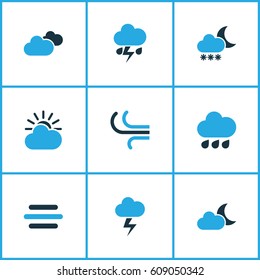 Weather Colored Icons Set. Collection Of Blizzard, Wind, Cloudy Sky And Other Elements. Also Includes Symbols Such As Snowfall, Lightning, Cloud.