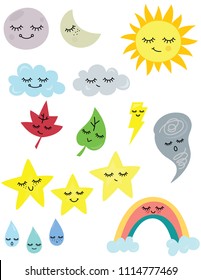 Weather Colored Kawaii, Star, Moon, Cloud, Sun, Rainbow, freehand, Lightning bolt, Raindrop, Illustration, Maple leaf, Tornado, Sleepy face, Cute Characters,  Meteorology, Funny doodles, Face, Sweet