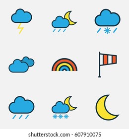 Weather Colored Outlines Set. Collection Of Lunar, Cloudburst, Hail And Other Elements. Also Includes Symbols Such As Freeze, Lunar, Weather.