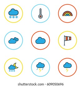Weather Colored Outlines Set. Collection Of Cloudy Day, Rainbow, Freeze And Other Elements. Also Includes Symbols Such As Storm, Weather, Overcast.