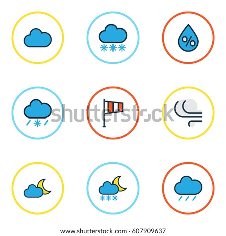 Weather Colored Outlines Set. Collection Of Raindrop, Hail, Twilight And Other Elements. Also Includes Symbols Such As Breeze, Tempest, Overcast.