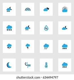 Weather Colorful Icons Set. Collection Of Overcast, Cold Weather, Thermometer And Other Elements. Also Includes Symbols Such As Cloudy, Moonlight, Thermometer.