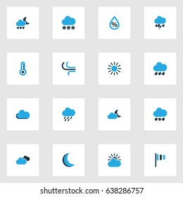 Weather Colorful Icons Set. Collection Of Rainfall, Cold Weather, Overcast And Other Elements. Also Includes Symbols Such As Snow, Flag, Overcast.