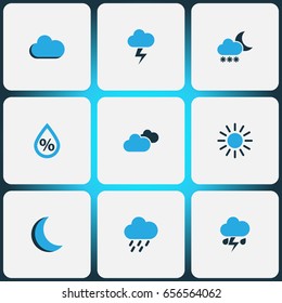 Weather Colorful Icons Set. Collection Of Blizzard, Fog, Rainstorm And Other Elements. Also Includes Symbols Such As Fog, Overcast, Sunny.